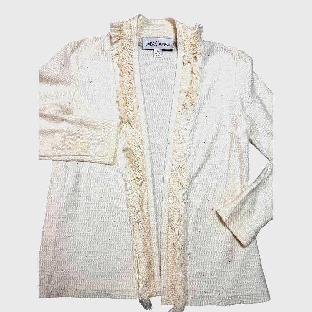 Sara Campbell Fringe Tweed Cardigan Jacket Ivory Knit Made in USA Corpcore Sz XS